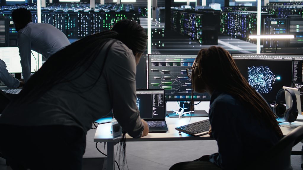 data center teamworking colleagues use node tree program